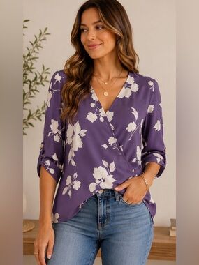 West Kei Purple Floral Faux Wrap Blouse – XS Petite – Romantic Feminine Top